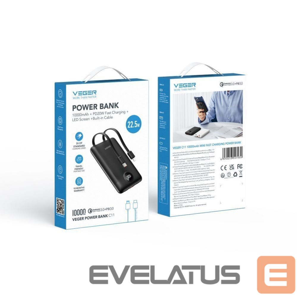Power bank Veger Powerbank Veger C11 (W1170) PD QC3.0 2A 22,5W 10000 mAh with built-in cables USB C / Lightning black