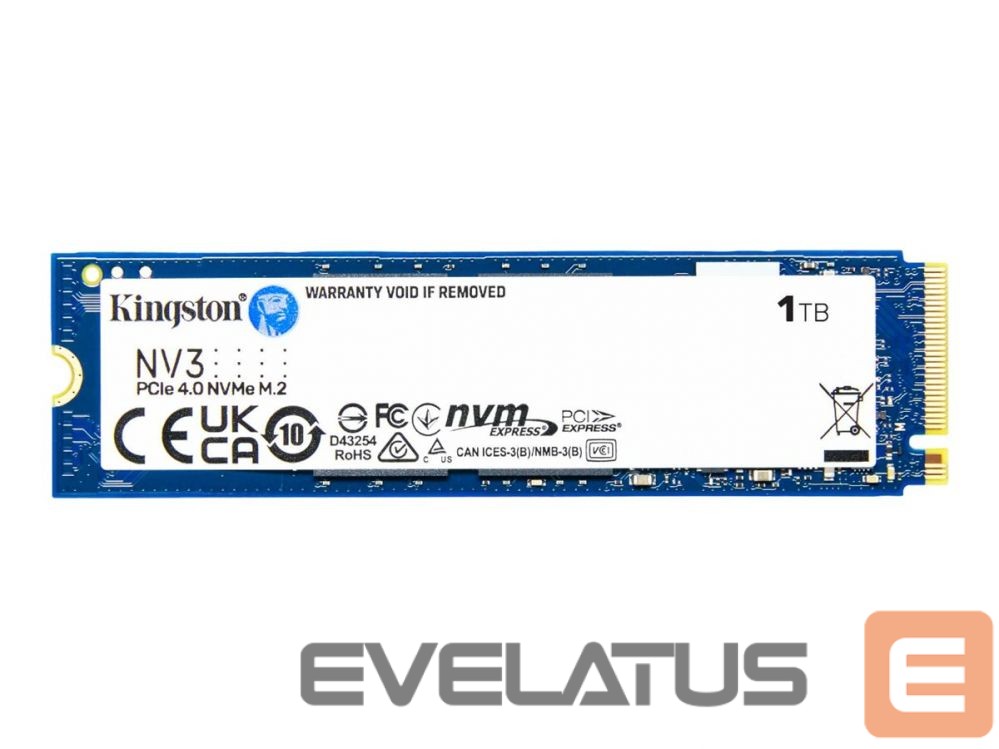 Hard drive SSD Kingston SSD | NV3 | 1000 GB | SSD form factor M.2 2280 | Solid-state drive interface PCIe NVMe Gen 4.0 (x4) | Read speed 6000 MB/s | Write speed 4000 MB/s
