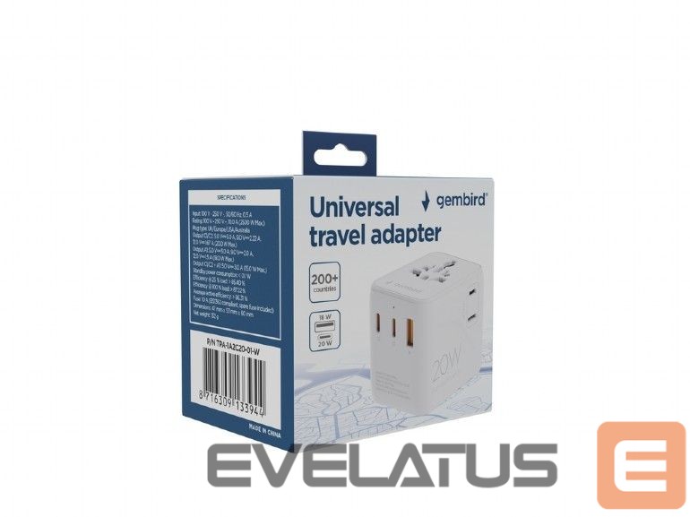 Adapter Gembird TPA-1A2C20-01-W Universal travel power adapter, 20 W, white |