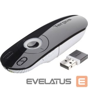 Office supplies Targus  | Laser Presentation Remote | Black, Grey | Plastic | * Clear & intuitive layout enables users to open and operate a presentation with ease. Laser pointer makes it easy to highlight presentation content while the back-lit buttons make it easy to present in rooms with low-lighting.* Designed to feel natural and comfortable in your hand while presenting* Patent pending technology locks non-essential buttons to eliminate accidental button presses* 2.4 GHz wireless technology operates up to 15 metres away for added flexibility; USB receiver stores inside presenter* USB port required; True plug-and-play device, no drivers required; PC/Mac and netbook compatible | Weight 57 g 