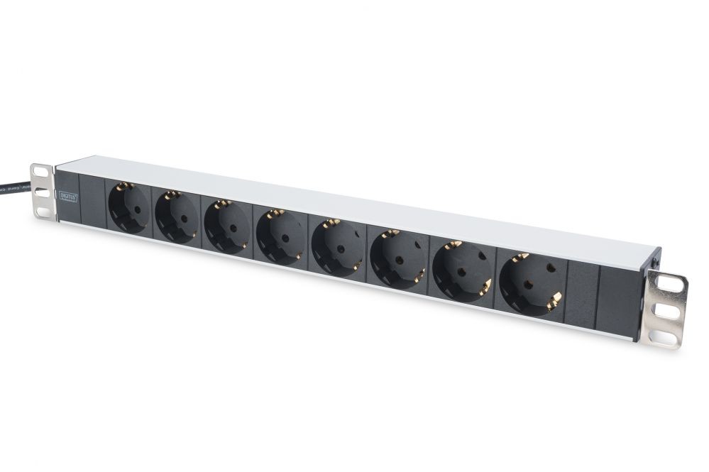 Circuit breaker Digitus Aluminum outlet strip with 8 safety outlets DN-95401 Sockets quantity 8, 8x safety outlets 250VAC 50/60Hz / 16A / 4000W. Installation: Desktop, Rack 0U, Rack 1U