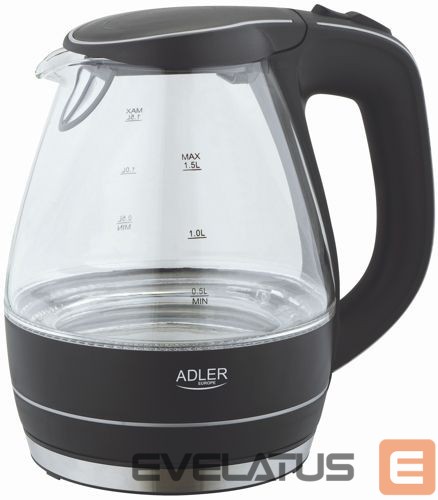 Teapot Adler Kettle Kettle AD 1224 Standard, Glass, Black, 2000 W, 360° rotational base, 1.5 L