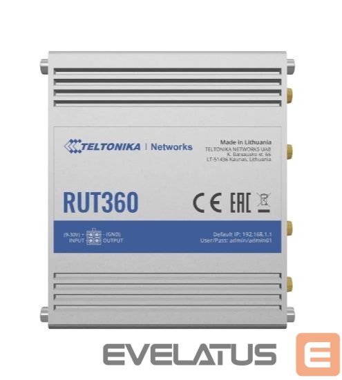 Routers Teltonika Industrial Cellular Router RUT360 LTE CAT6 1 x LAN ports, 10/100 Mbps, compliance with IEEE 802.3, IEEE 802.3u standards, supports auto MDI/MDIX crossover Mbit/s, Ethernet LAN (RJ-45) ports 2 x RJ45 ports, 10/100 Mbps, Mesh Support No, MU-MiMO Yes, 3G/4G data sharing, Antenna type 2 x SMA for LTE, 2 x RP-SMA for WiFi