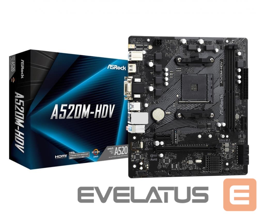 Motherboard for AMD processors Asrock Mainboard||AMD A520|SAM4|MicroATX|1xPCI-Express 3.0 1x|1xPCI-Express 3.0 16x|1xM.2|Memory DDR4|Memory slots 2|1x15pin D-sub|1xDVI|1xHDMI|2xAudio-In|1xAudio-Out|2xUSB 2.0|4xUSB 3.2|1xPS/2|1xRJ45|A520M-HDV