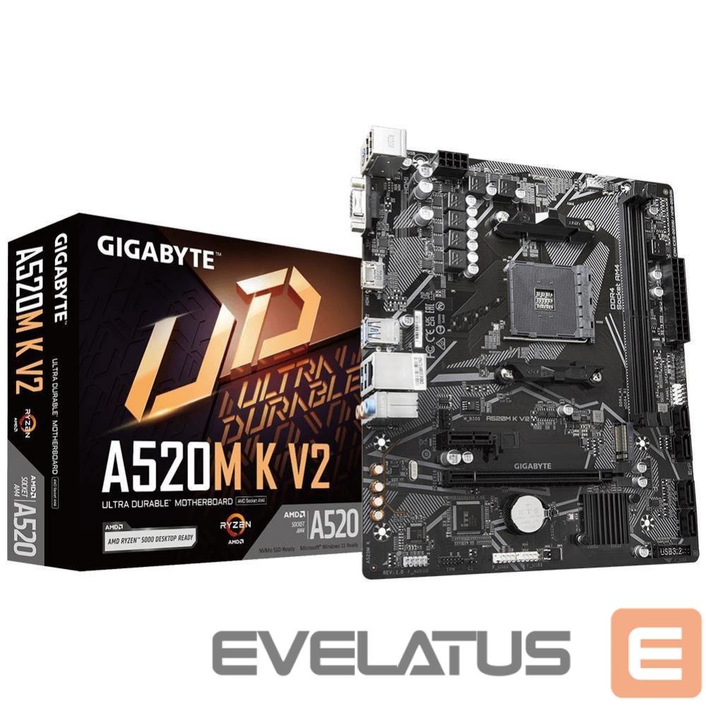 Motherboard for AMD processors Gigabyte Mainboard||AMD A520|SAM4|Micro-ATX|Memory DDR4|Memory slots 2|1xPCI-Express 3.0 1x|1xPCI-Express 3.0 16x|1xM.2|1x15pin D-sub|1xHDMI|2xUSB 2.0|4xUSB 3.2|1xPS/2|1xRJ45|3xAudio port|A520MKV21.1
