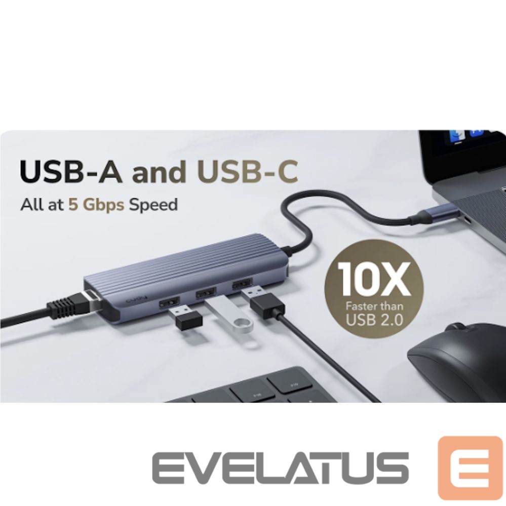 Routers Cudy UH606 PortMate USB-C 6-in-1 Hub 4K 60Hz HDMI Gigabit LAN 3x USB-A Power Input Grey
