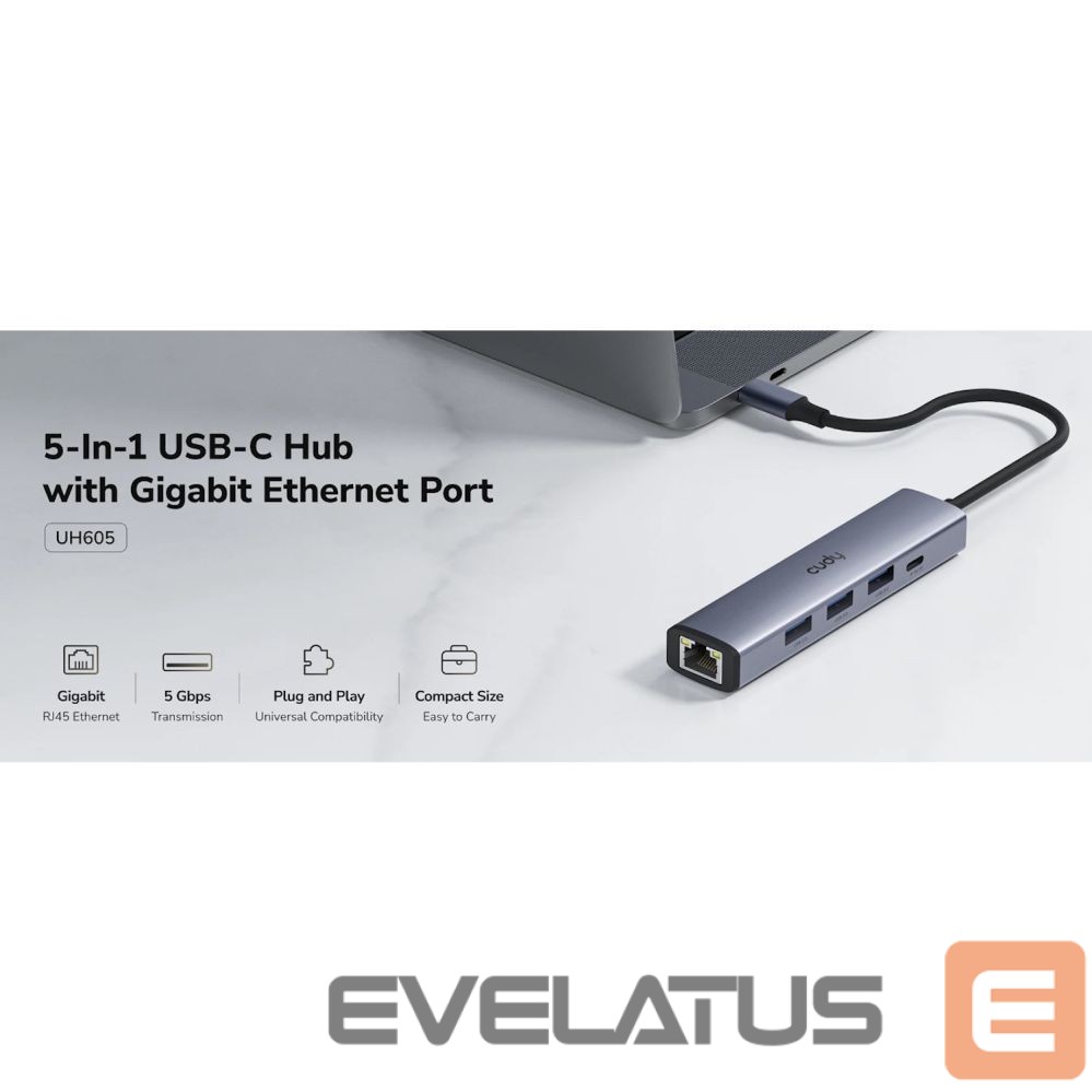 Routers Cudy UH605 USB-C 5-in-1 Hub Gigabit LAN 3x USB-A 3.0 Power Input Aluminum Grey