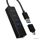 Routers Raidsonic  4 Port Hub with USB 3.0 Type-A, Type-C, Gigabit LAN Icy Box IB-HUB1419-LAN Black 