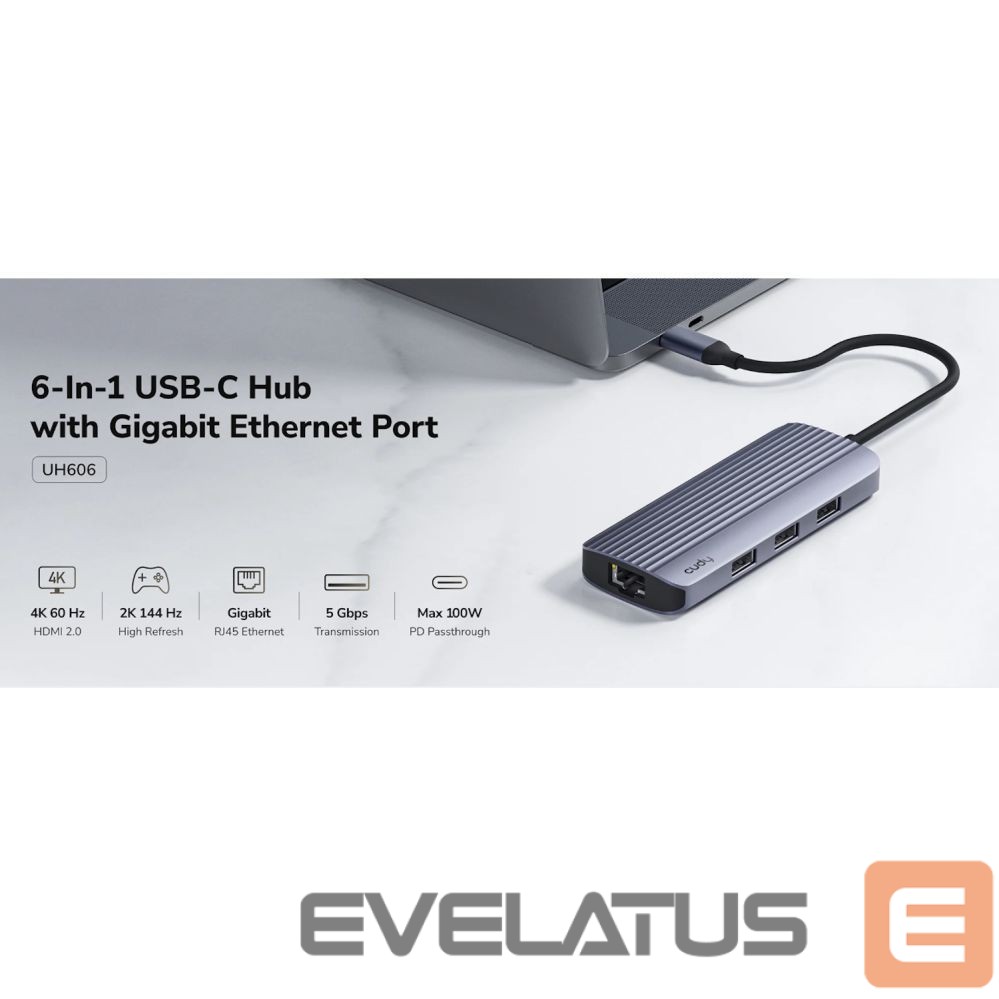 Routers Cudy UH606 PortMate USB-C 6-in-1 Hub 4K 60Hz HDMI Gigabit LAN 3x USB-A Power Input Grey