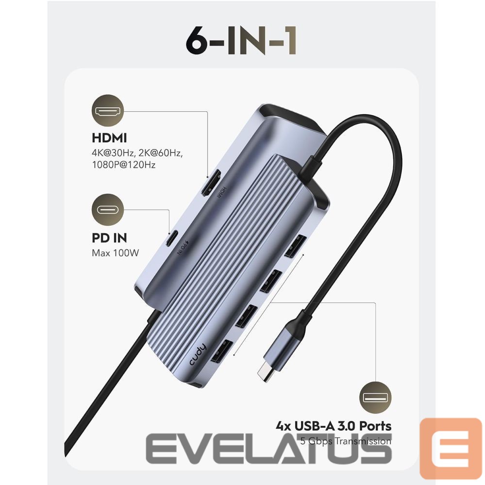 Routers Cudy UH500 PortMate USB-C 6-in-1 Hub 4K 30Hz HDMI USB-C PD 4x USB-A 3.0 Aluminum Grey