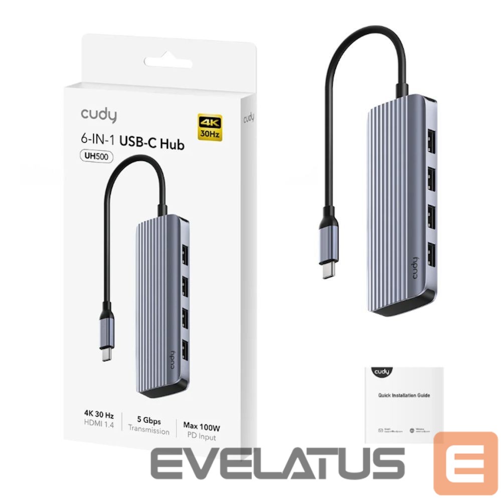 Routers Cudy UH500 PortMate USB-C 6-in-1 Hub 4K 30Hz HDMI USB-C PD 4x USB-A 3.0 Aluminum Grey