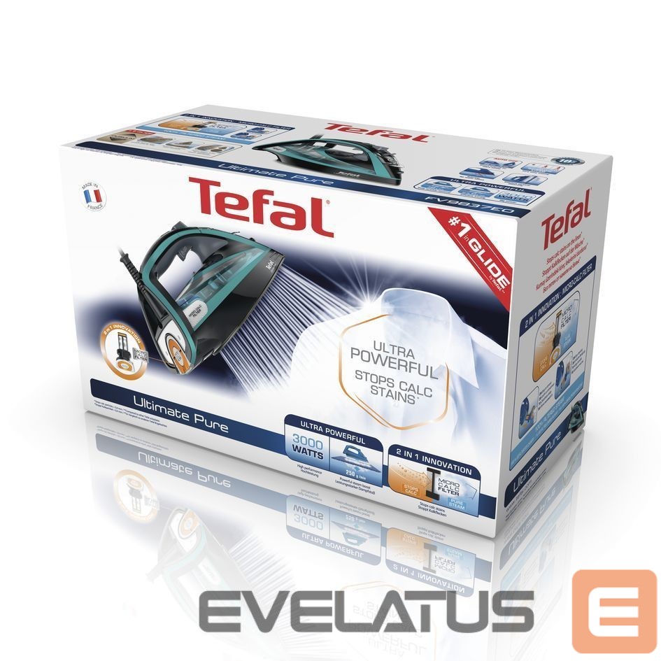Iron TEFAL | Ultimate Pure FV9844E0 | Steam Iron | 3200 W | Water tank capacity 350 ml | Continuous steam 60 g/min | Steam boost performance 250 g/min | Blue/Black