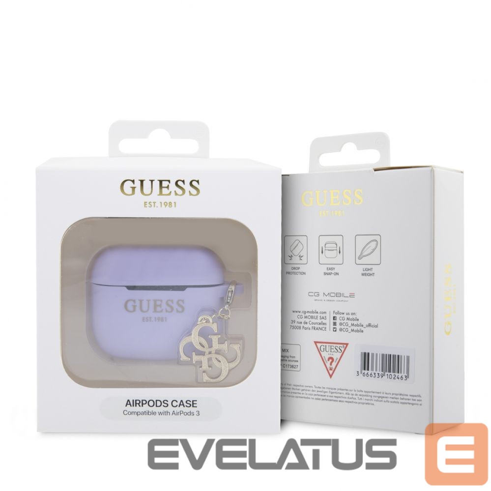 Headphone case Guess - Airpods 3 Case Silicone Classic Logo Gold With 4G Charm Purple