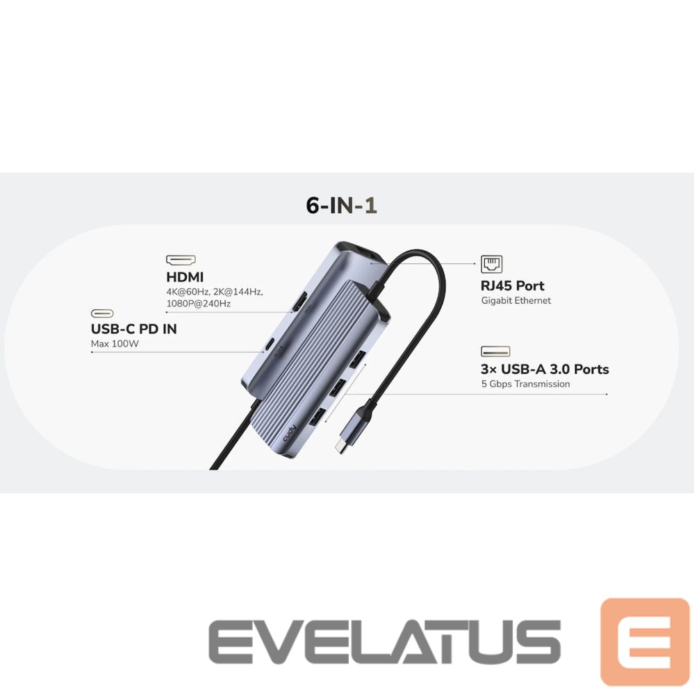 Routers Cudy UH606 PortMate USB-C 6-in-1 Hub 4K 60Hz HDMI Gigabit LAN 3x USB-A Power Input Grey