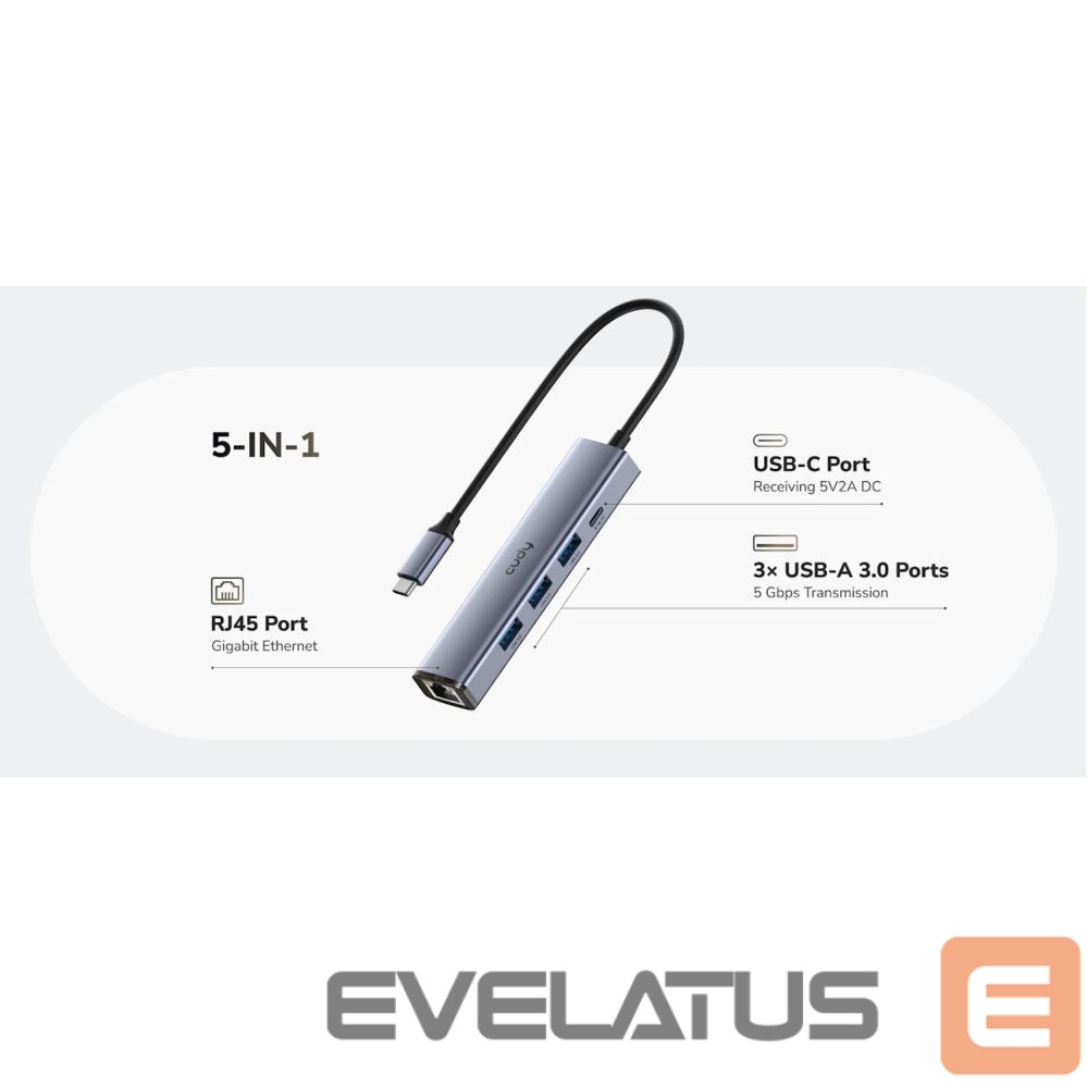 Routers Cudy UH605 USB-C 5-in-1 Hub Gigabit LAN 3x USB-A 3.0 Power Input Aluminum Grey