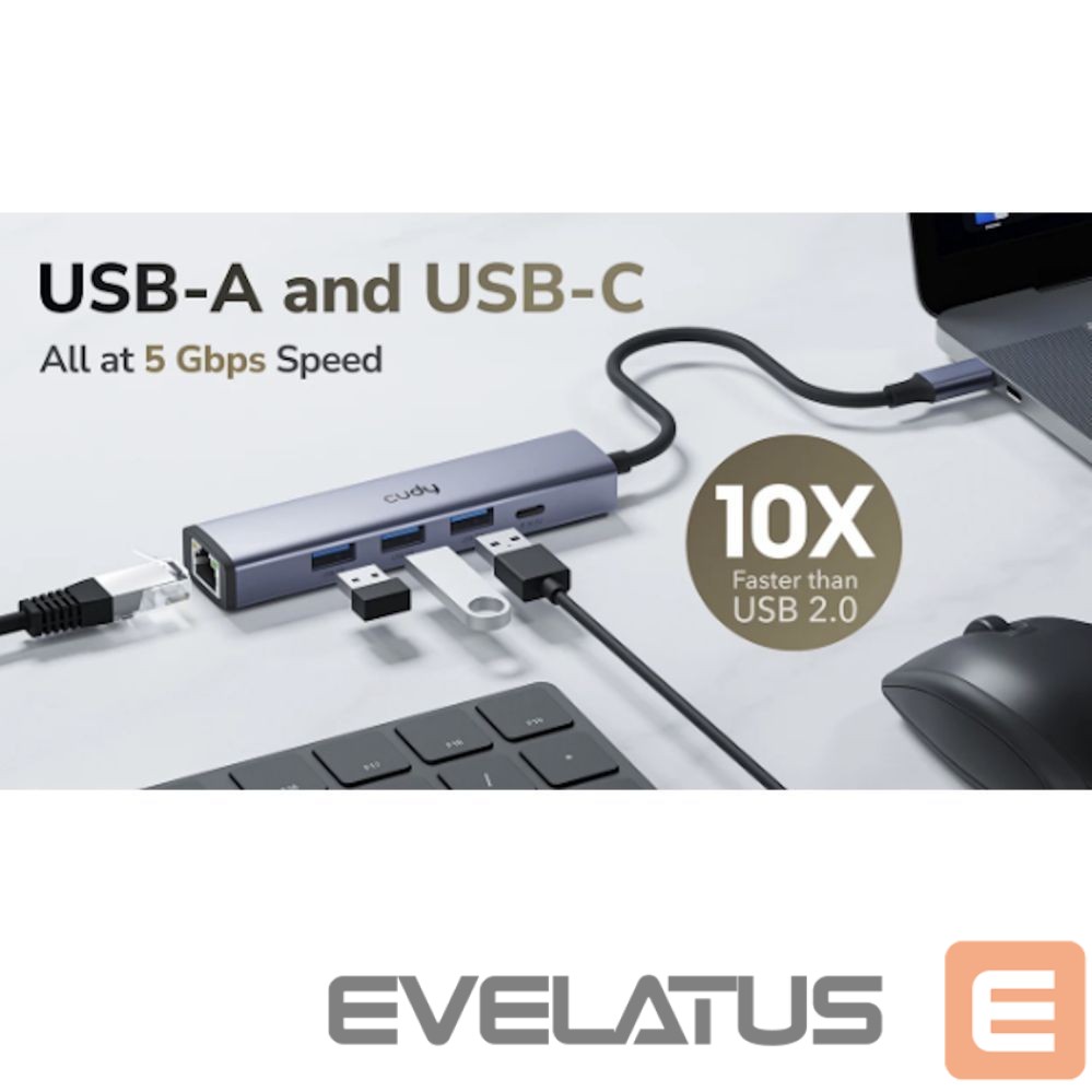 Routers Cudy UH605 USB-C 5-in-1 Hub Gigabit LAN 3x USB-A 3.0 Power Input Aluminum Grey