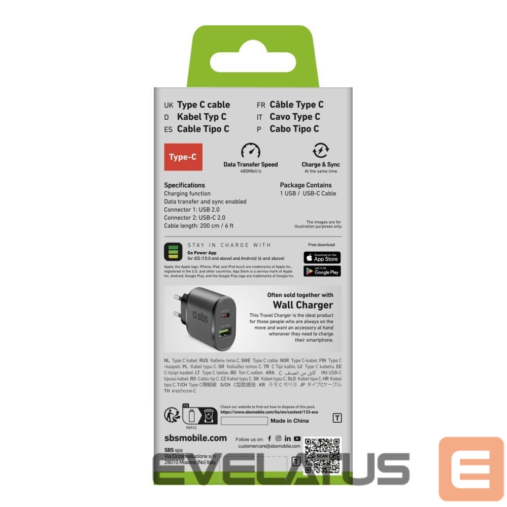 Cable SBS SBS TECABLETC220K USB-A - USB-C Cable 2 m - Black