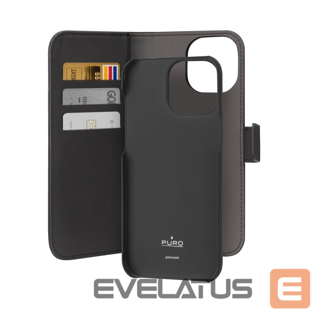 Back panel cover Puro Puro Wallet Detachable MagSafe 2in1 PU Leather Case with Flap and Wallet for iPhone 15 Pro Max - Black