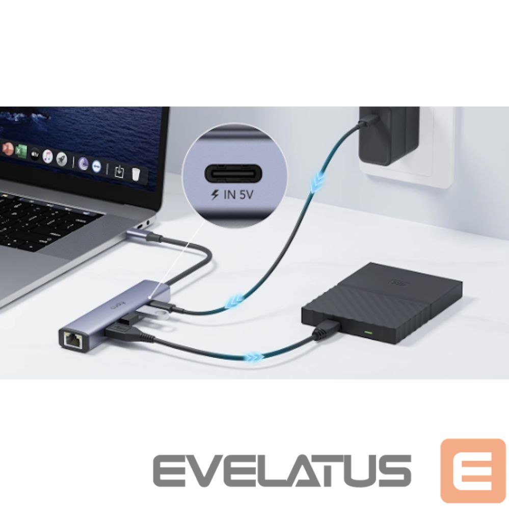 Routers Cudy UH605 USB-C 5-in-1 Hub Gigabit LAN 3x USB-A 3.0 Power Input Aluminum Grey