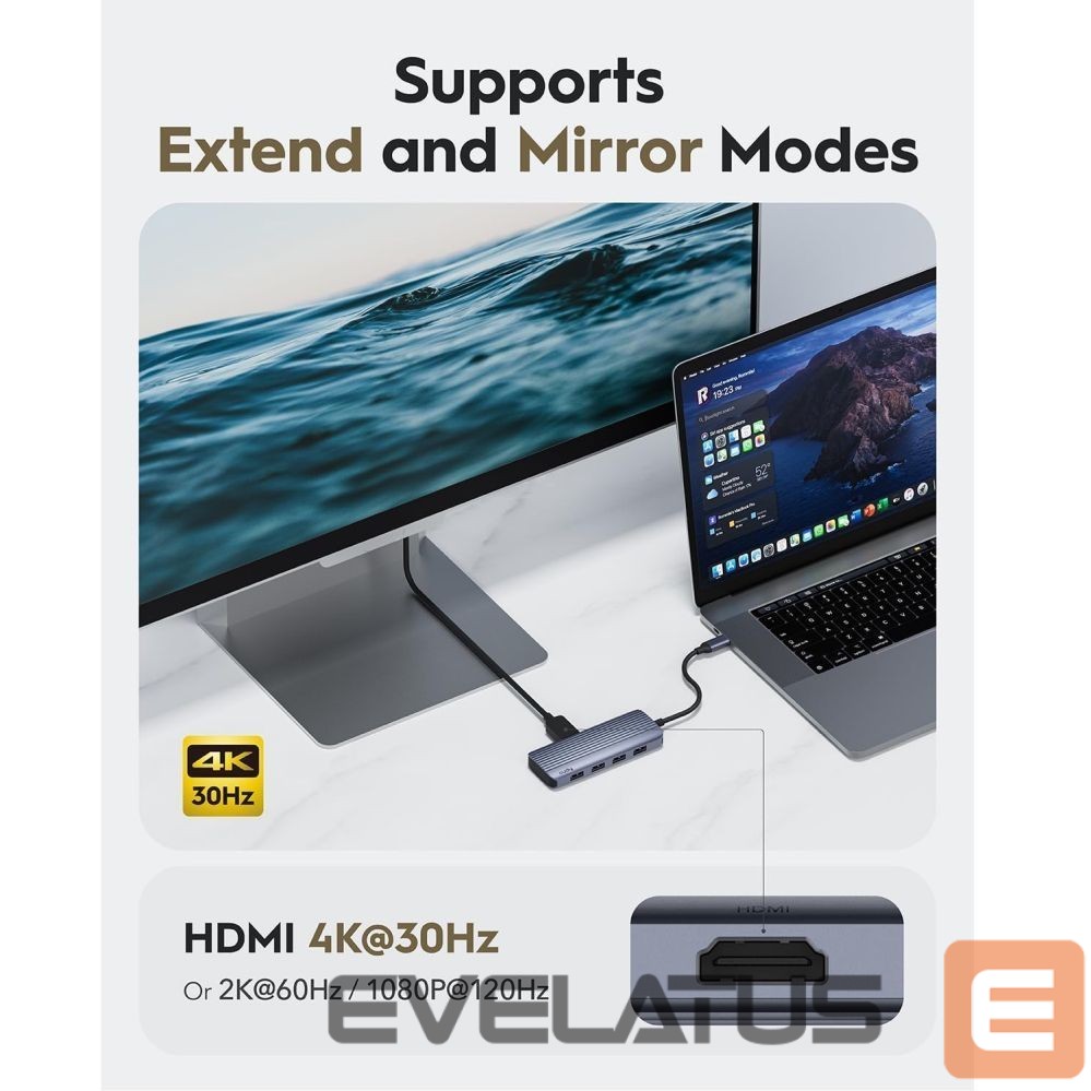 Routers Cudy UH500 PortMate USB-C 6-in-1 Hub 4K 30Hz HDMI USB-C PD 4x USB-A 3.0 Aluminum Grey