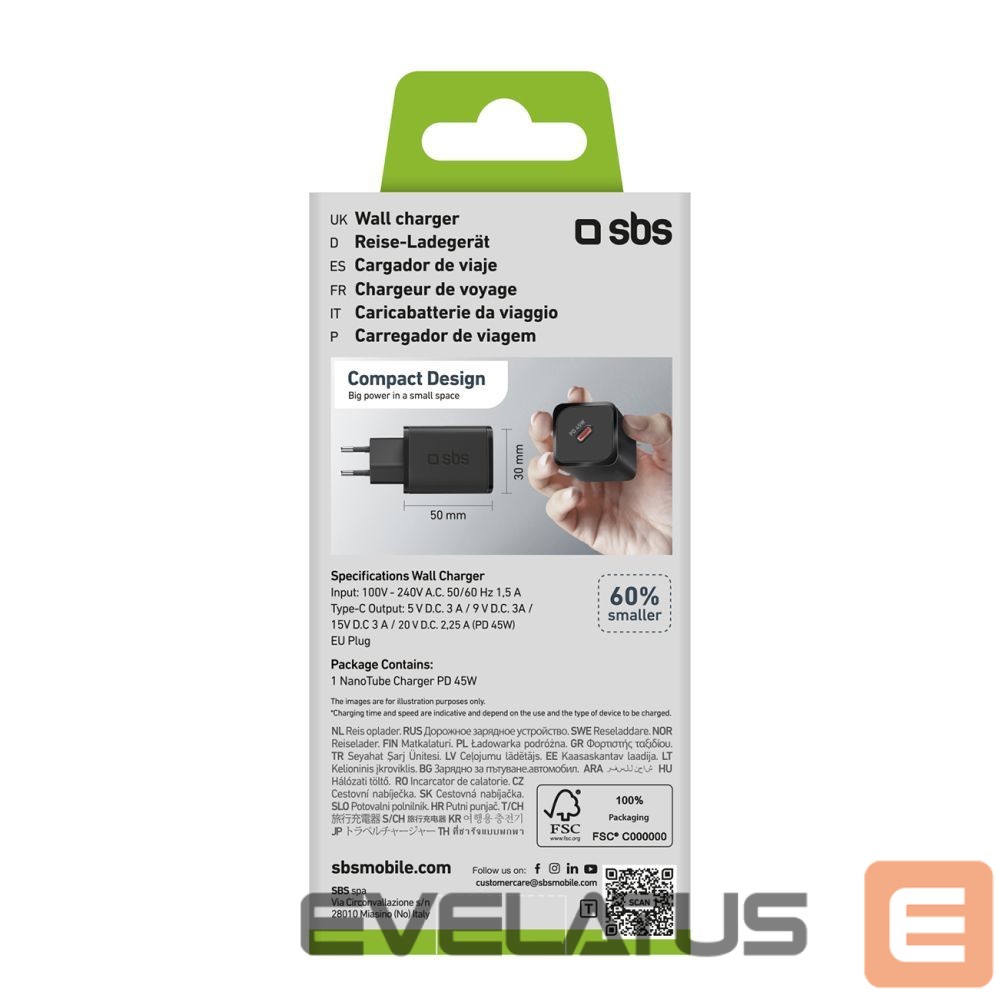 Adapter SBS SBS TETRGAN1C45W 45W GaN USB-C Wall Charger with Power Delivery - Black