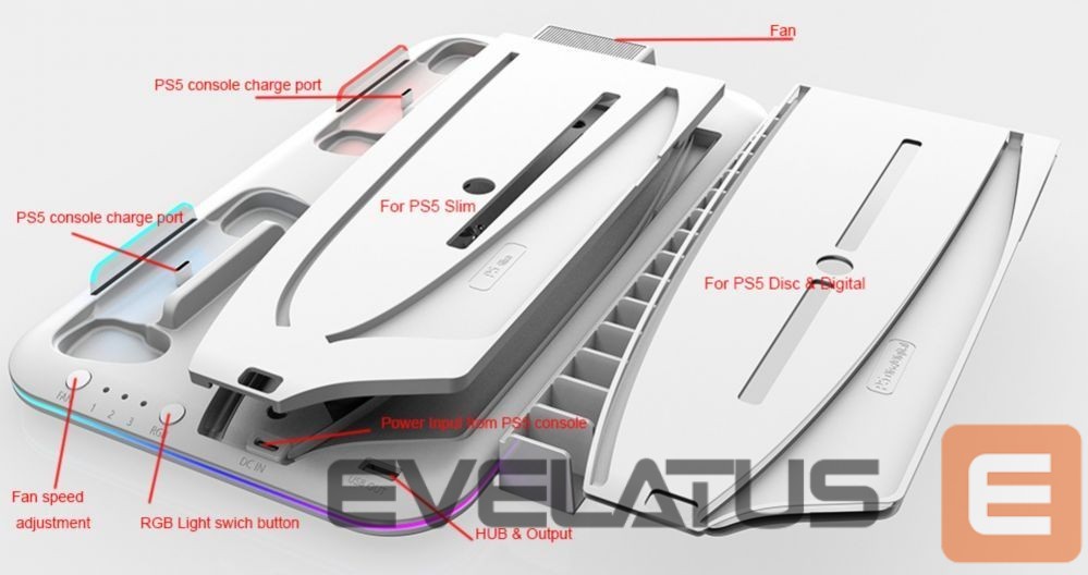 Controller iLike DZ504 Slim Multi Dock Station for Play Station 5 PS5 Controllers with Cooling fas & RGB Black