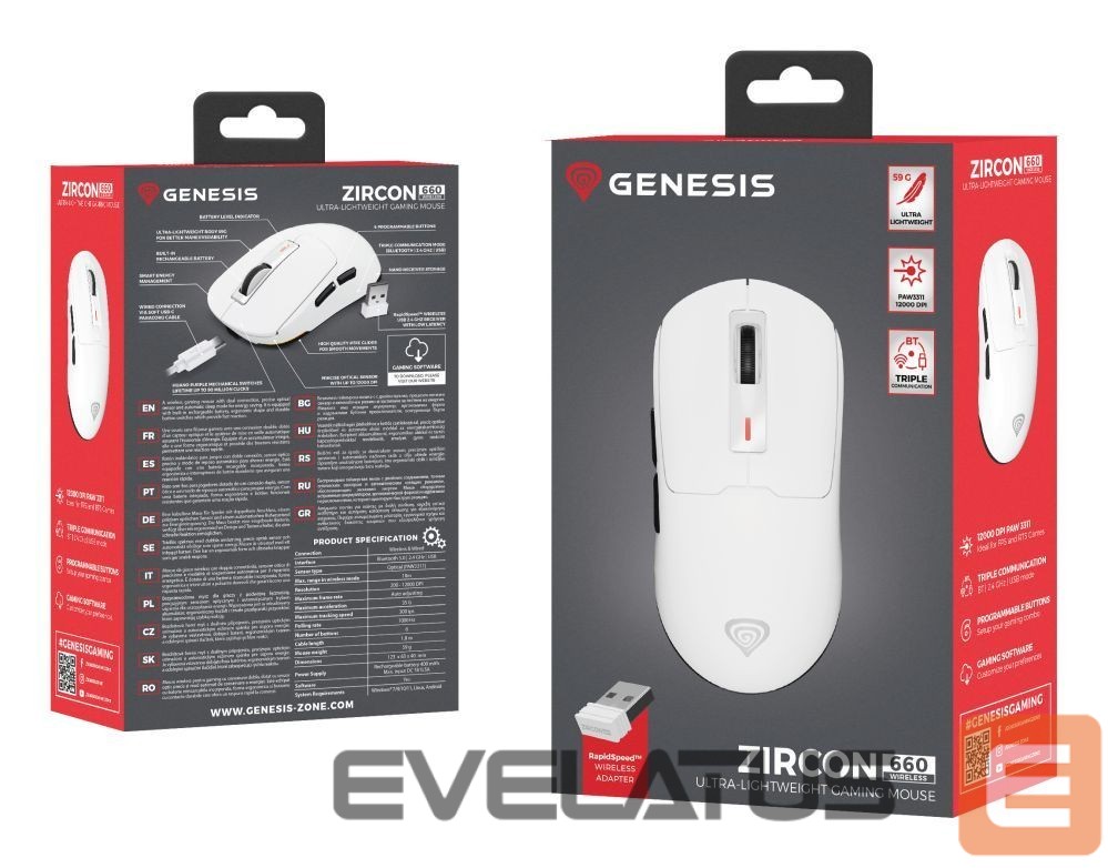 Computer mouse Genesis Gaming Mouse | Zircon 660 | Wired/Wireless | 2.4 GHz, Bluetooth, USB | White