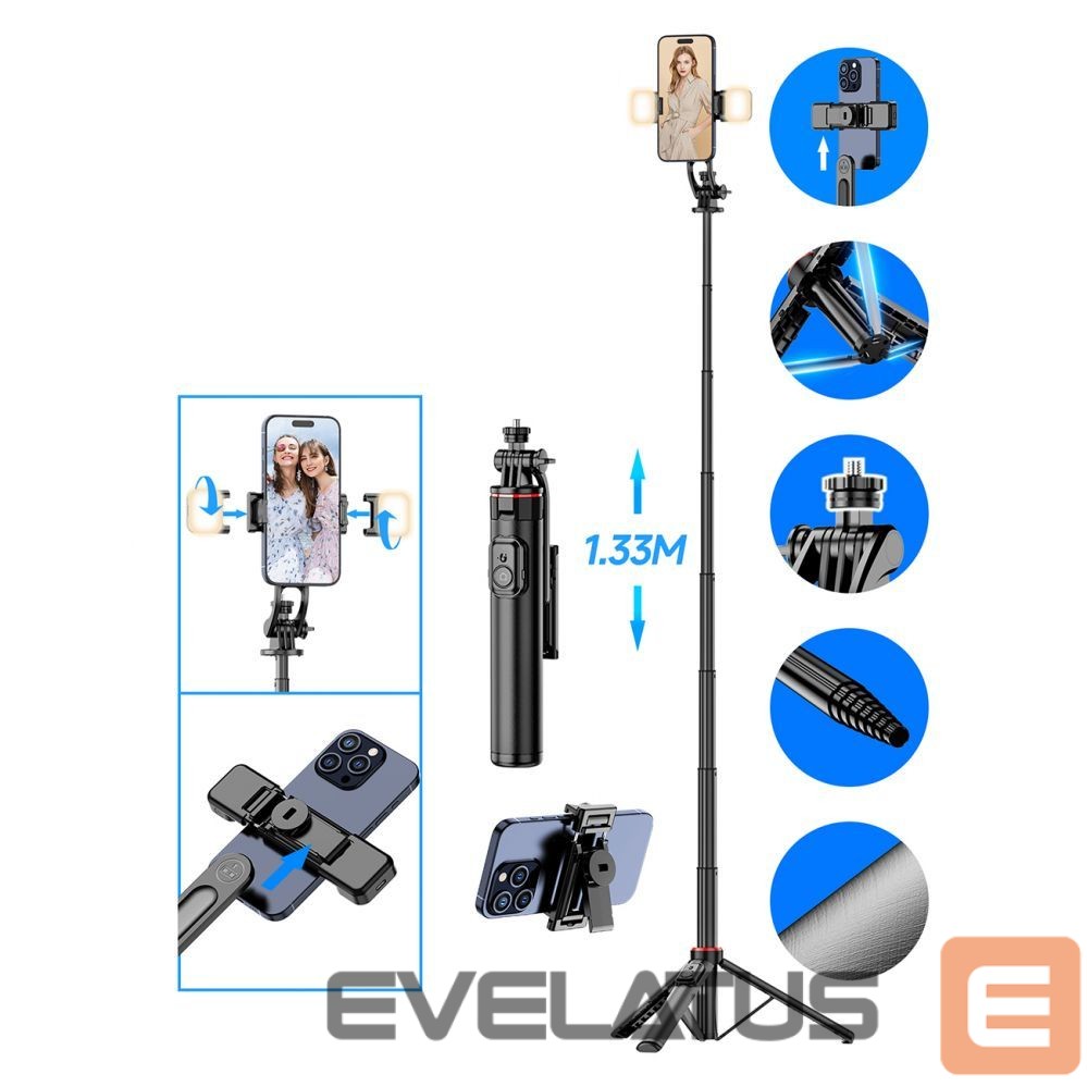 Camera accessory Hurtel Selfie stick WC12YDS 1.3m aluminum alloy telescopic tripod with dual lamp and phone holder - black