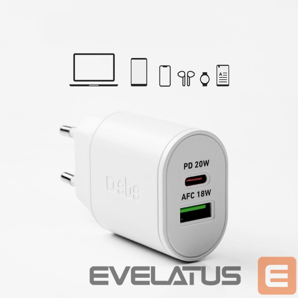 Adapter SBS SBS TETRPD20W 20W USB-A USB-C Wall Charger with Power Delivery - White