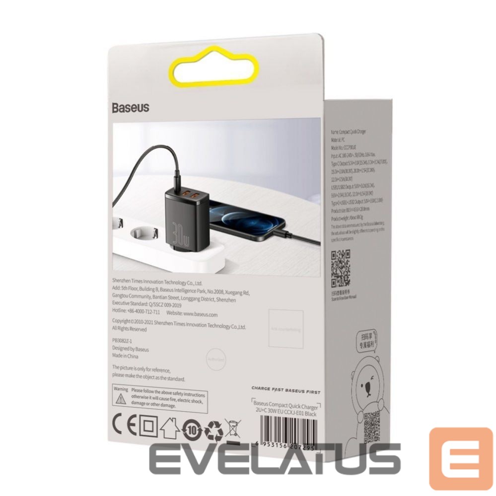 Adapter Baseus Baseus Compact fast charger 2x USB / USB Type C 30W 3A Power Delivery Quick Charge black (CCXJ-E01)