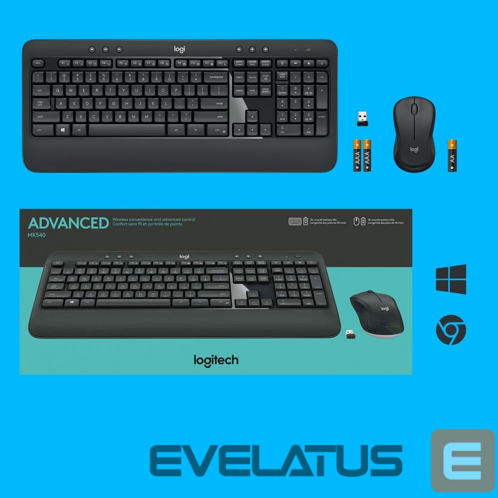 Computer keyboard Logitech MK540 Advanced Keyboard and Mouse Set, Wireless, Mouse included, Batteries included, US, Wireless connection, USB, Black