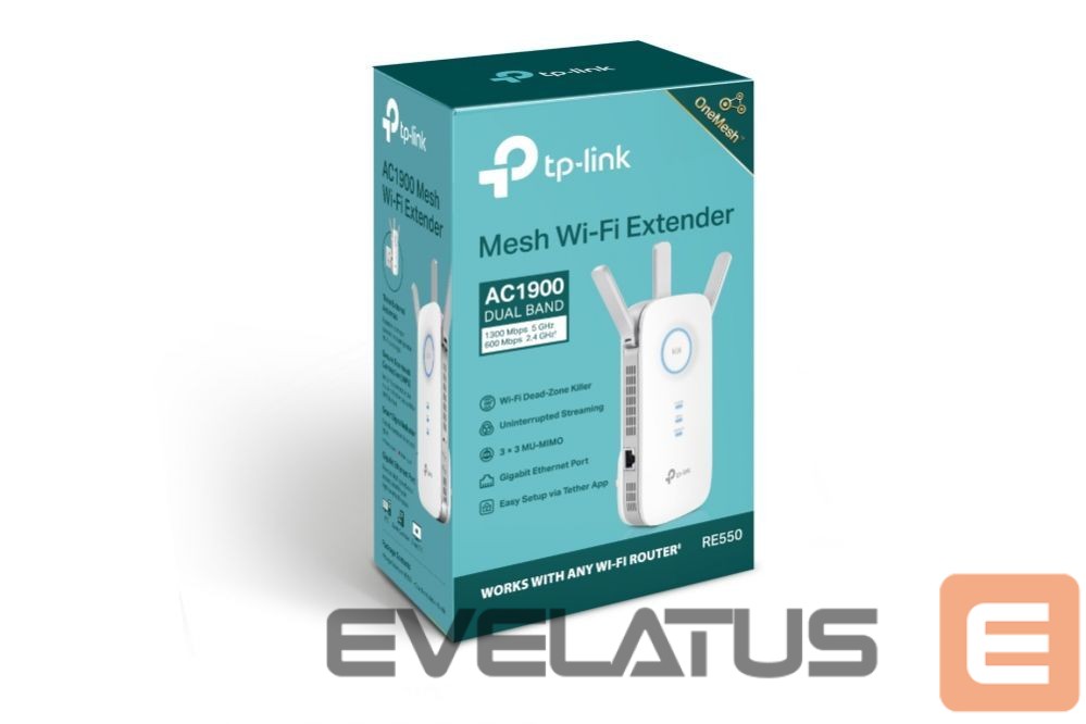 Routers TP-Link AC1900 Wi-Fi Range Extender RE550 802.11ac, 2GHz/5GHz, 600+1300 Mbit/s, 10/100/1000 Mbit/s, Ethernet LAN (RJ-45) ports 1, no PoE, Antenna type 3xExternal