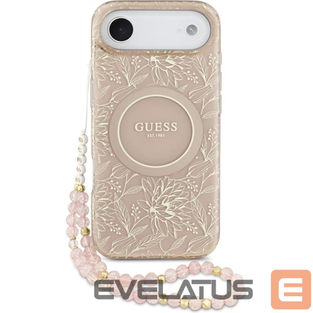 Back panel cover Guess Apple iPhone 17 Air Silicone case with MagSafe Flowers Allover with Pearl Strap Pink
