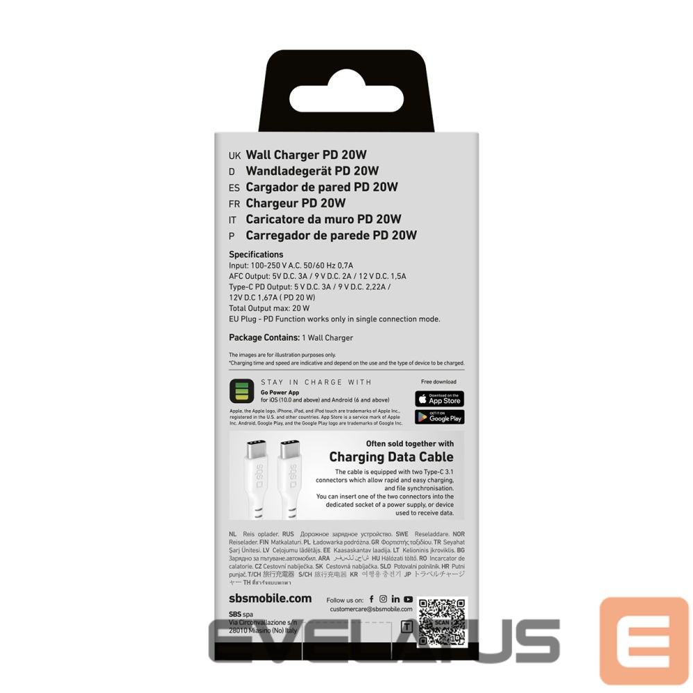 Adapter SBS SBS TETRPD20W 20W USB-A USB-C Wall Charger with Power Delivery - White