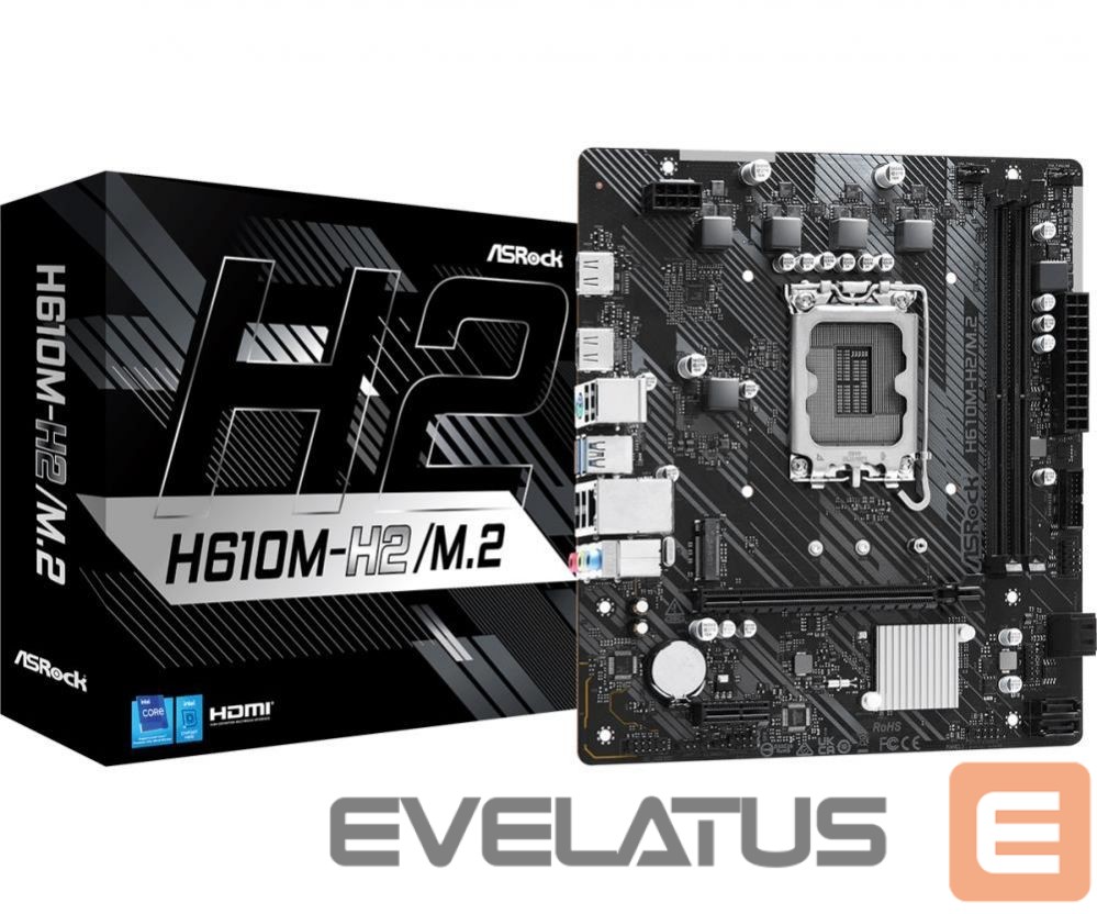 Motherboard for Intel processors Asrock Mainboard||Intel H610|LGA1700|Micro-ATX|Memory DDR4|Memory slots 2|1xPCI-Express 3.0 1x|1xPCI-Express 4.0 16x|1xM.2|2xHDMI|4xUSB 2.0|2xUSB 3.2|1xPS/2|1xRJ45|3xAudio port|H610M-H2/M.2