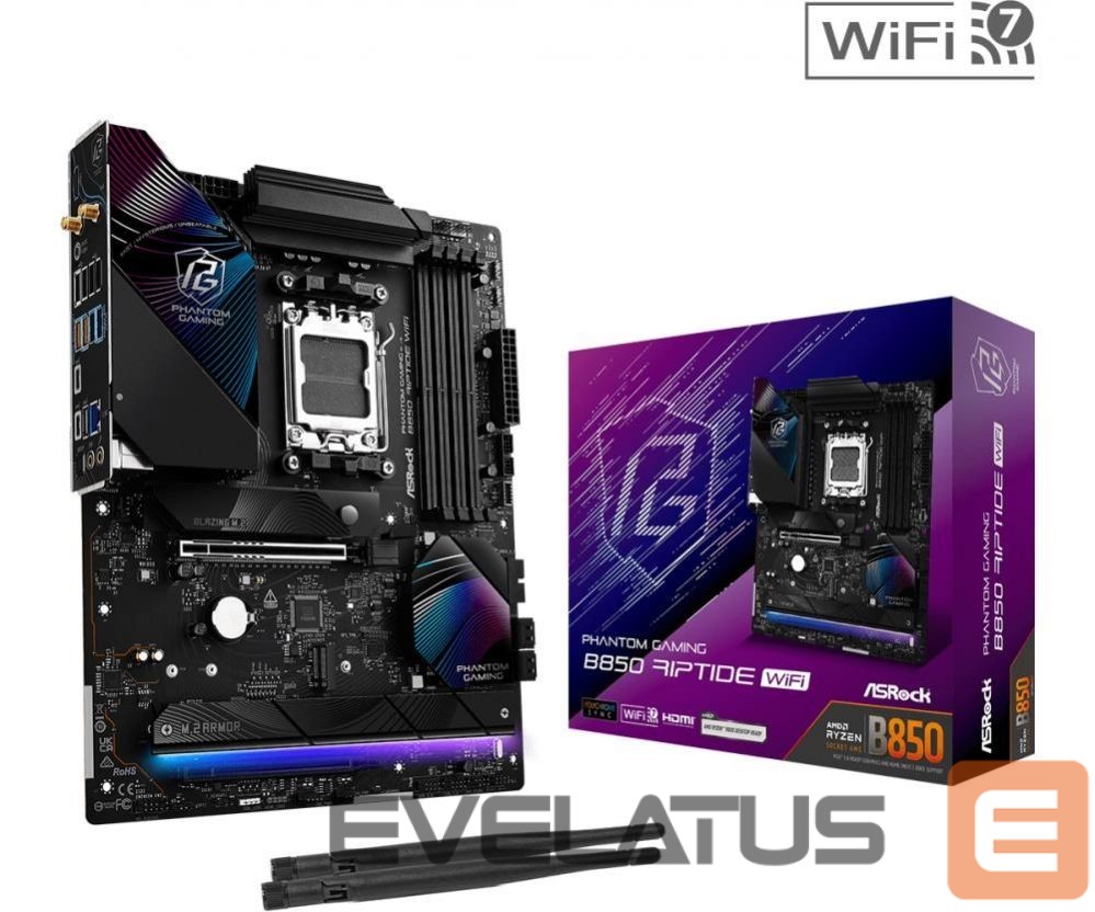 Motherboard for AMD processors Asrock Mainboard||AMD B850|SAM5|ATX|Memory DDR5|Memory slots 4|1xPCI-Express 4.0 16x|1xPCI-Express 5.0 16x|1xM.2|1xHDMI|1xAudio-In|1xAudio-Out|8xUSB 2.0|9xUSB 3.2|3xUSB-C|1xOptical S/PDIF|1xRJ45|B850RIPTIDEWIFI