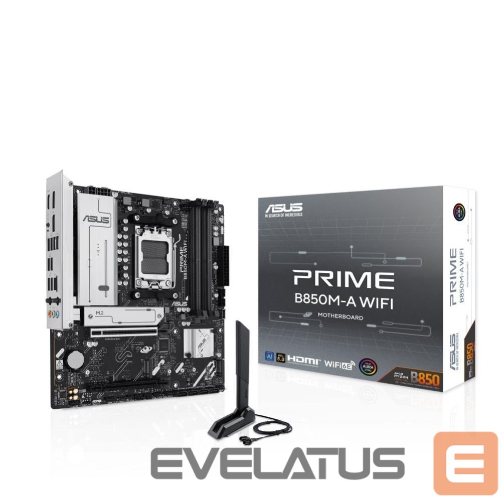 Motherboard for AMD processors Asus Mainboard||AMD B850|SAM5|Micro-ATX|Memory DDR5|Memory slots 4|1xPCI-Express 4.0 16x|1xPCI-Express 5.0 16x|3xM.2|1xHDMI|2xDisplayPort|4xUSB 2.0|4xUSB 3.2|1xRJ45|3xAudio port|PRIMEB850M-AWIFI