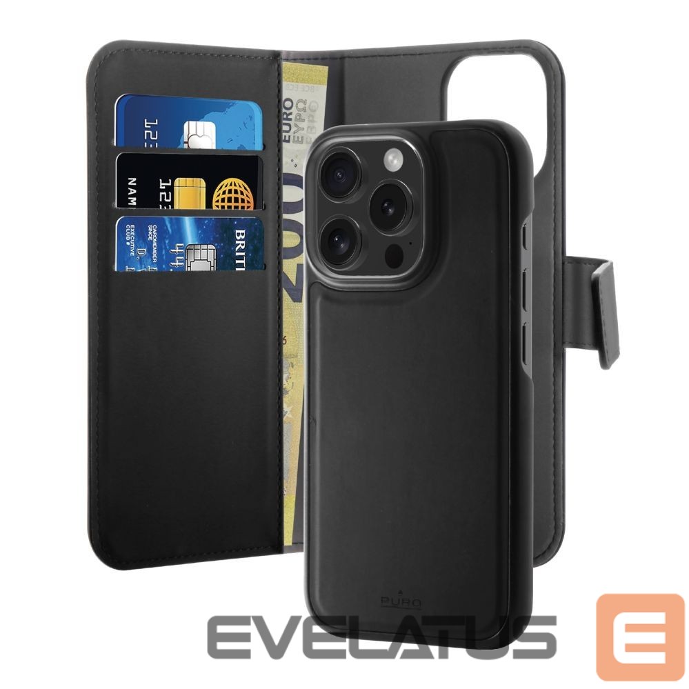 Back panel cover Puro Puro Wallet Detachable MagSafe 2in1 PU Leather Case with Flap and Wallet for iPhone 16 Pro - Black