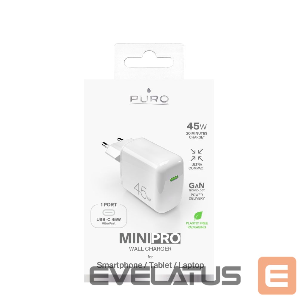 Adapter Puro Elektrik Puro Super Mini 45W PD GaN USB-C Wall Charger - White