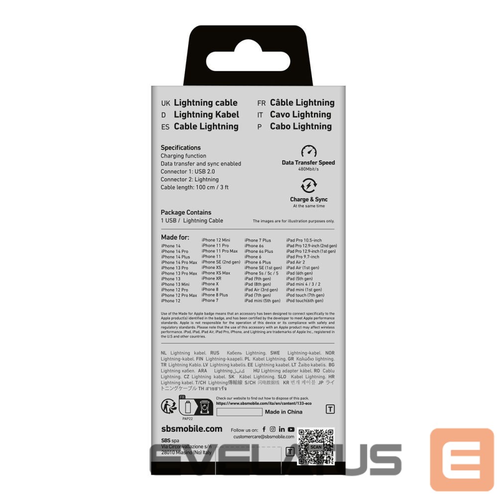 Cable SBS SBS TECABLEUSBIP589K USB-A - Lightning Cable 1m MFi Certified - Black