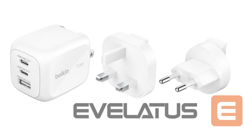 Adapter Belkin BOOSTCHARGE 70w 2C1A Wall Charger with interchangable plug tips UK, EU, US White