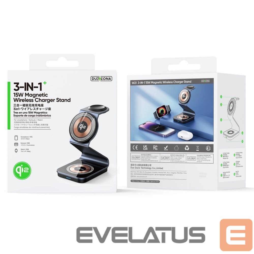 Wireless charger Duzzona W21 3-in-1 15W Wireless Charging Stand Phone Earphone Watch Charger (Qi2 Certified) Transparent