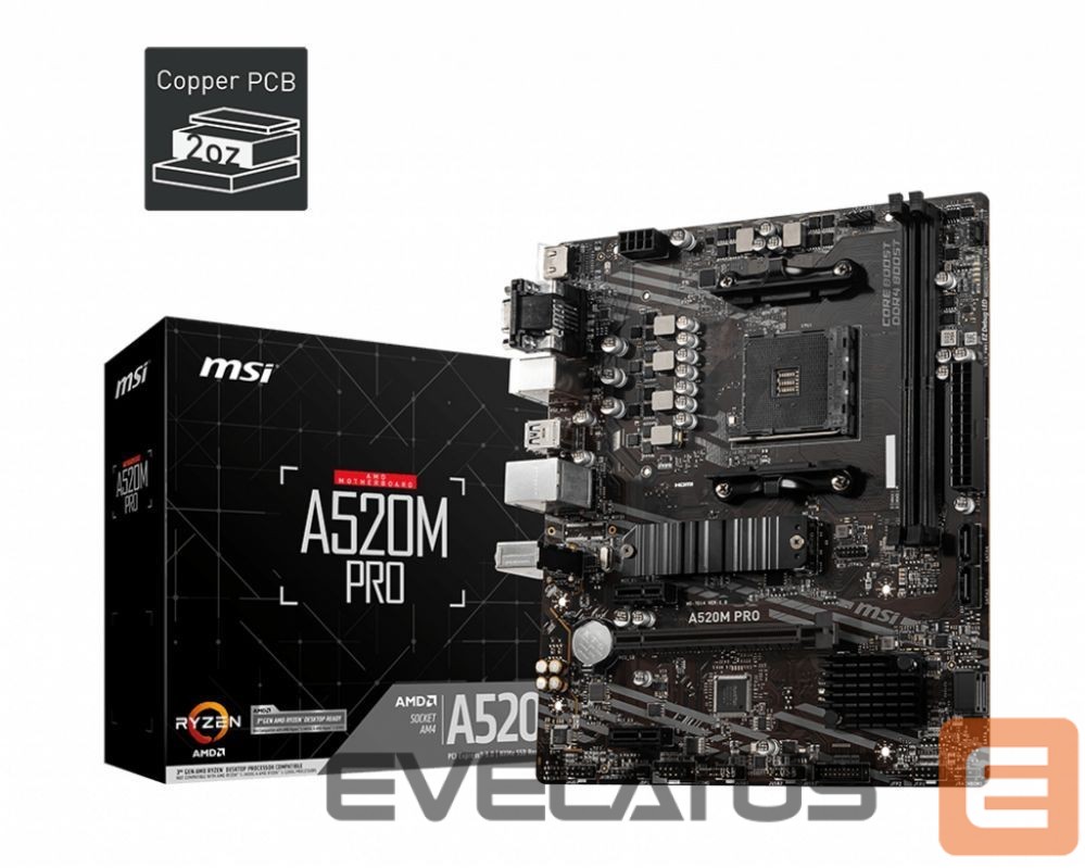 Motherboard for Intel processors MSI A520M PRO Processor family AMD, Processor socket AM4, DDR4, Memory slots 2, Chipset AMD A, Micro ATX