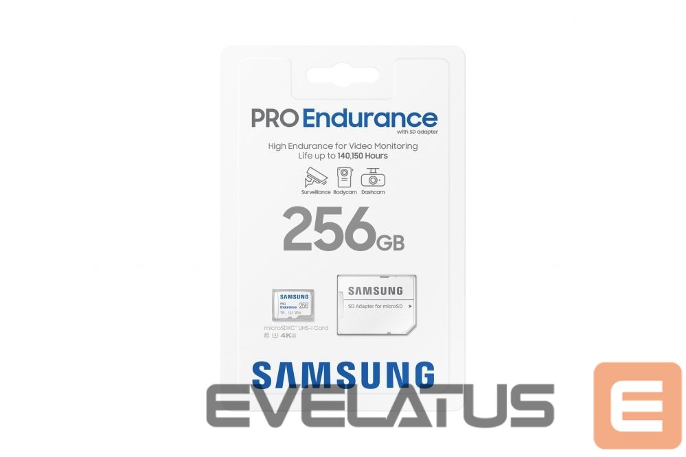 Memory cards Samsung PRO Endurance MB-MJ256KA/EU 256 GB, MicroSD Memory Card, Flash memory class U3, V30, Class 10, SD adapter