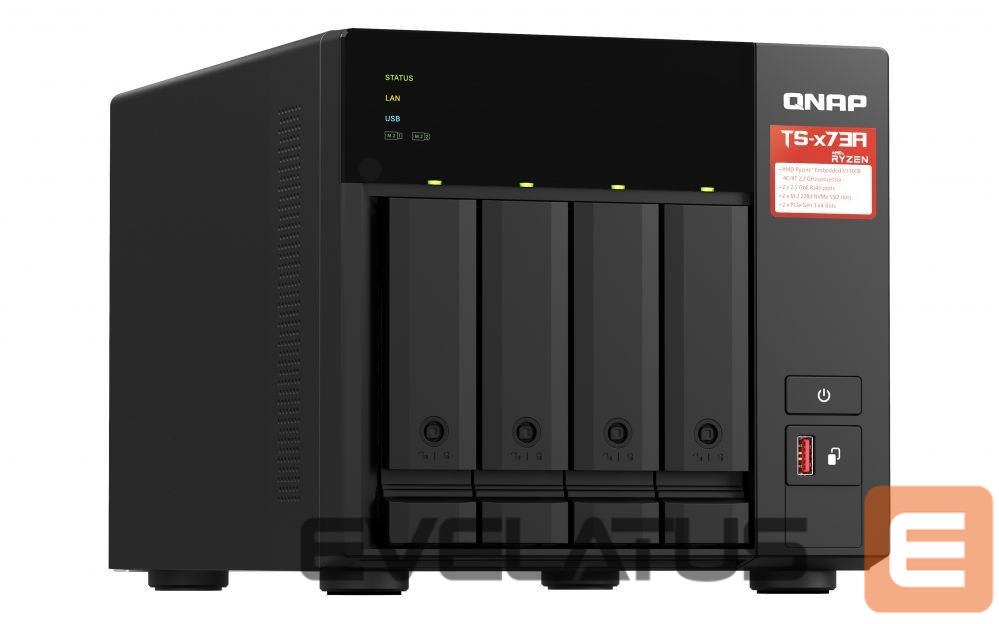 Flash drive QNAP 4-Bay QTS and QuTS hero NAS TS-473A-8G Up to 4 HDD/SSD Hot-Swap, Ryzen V1500B Quad-Core, Processor frequency 2.2 GHz, 8 GB, DDR4, 2x2.5GbE, 3xUSB Type A 3.2 Gen 2, 1xUSB Type C 3.2 Gen 1, 2xPCIe, 2xM.2 2280 PCIe Gen3 x1 slots