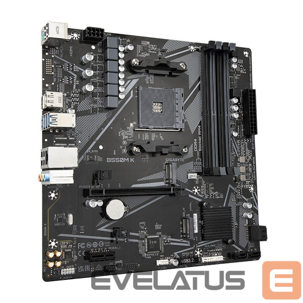 Motherboard for Intel processors Gigabyte B550M K 1.0 M/B Processor family AMD, Processor socket AM4, DDR4 DIMM, Memory slots 4, Supported hard disk drive interfaces SATA, M.2, Number of SATA connectors 4, Chipset AMD B550, Micro ATX