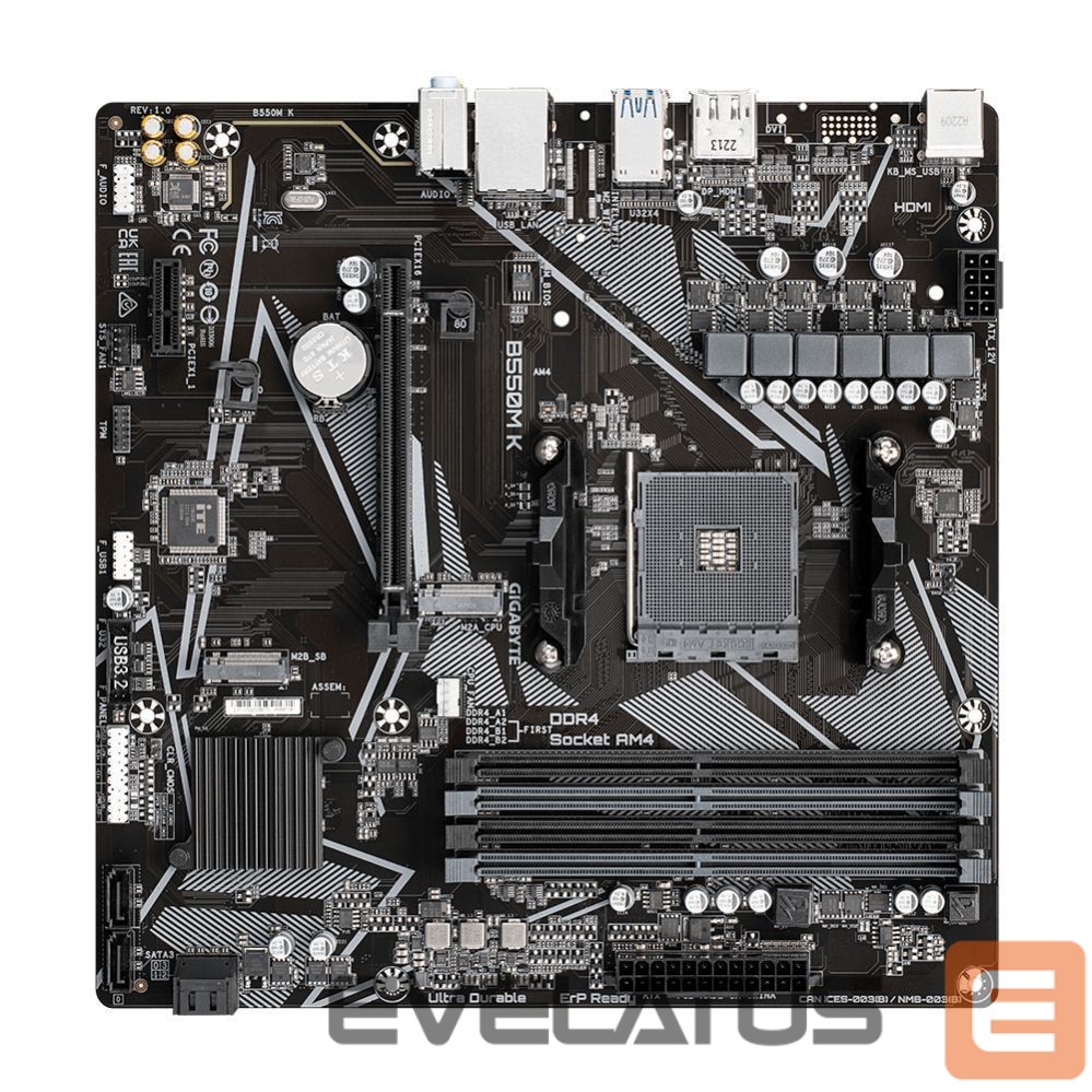 Motherboard for Intel processors Gigabyte B550M K 1.0 M/B Processor family AMD, Processor socket AM4, DDR4 DIMM, Memory slots 4, Supported hard disk drive interfaces SATA, M.2, Number of SATA connectors 4, Chipset AMD B550, Micro ATX