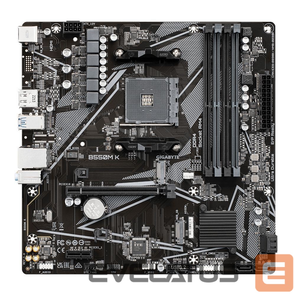 Motherboard for Intel processors Gigabyte B550M K 1.0 M/B Processor family AMD, Processor socket AM4, DDR4 DIMM, Memory slots 4, Supported hard disk drive interfaces SATA, M.2, Number of SATA connectors 4, Chipset AMD B550, Micro ATX