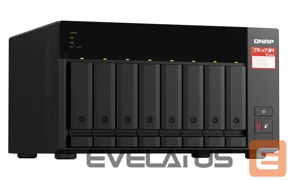 Flash drive QNAP 8-Bay QTS and QuTS hero NAS TS-873A-8G Up to 8 HDD/SSD Hot-Swap, Ryzen V1500B Quad-Core, Processor frequency 2.2 GHz, 8 GB, DDR4, 2x2.5GbE, 3xUSB Type-A 3.2 Gen 2, 1xUSB Type-C 3.2 Gen 1, 2xPCIe, 2xM.2 2280 PCIe Gen3 x1