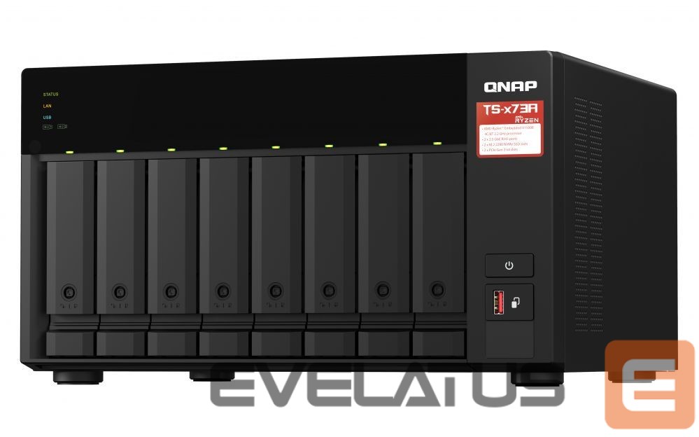 Flash drive QNAP 8-Bay QTS and QuTS hero NAS TS-873A-8G Up to 8 HDD/SSD Hot-Swap, Ryzen V1500B Quad-Core, Processor frequency 2.2 GHz, 8 GB, DDR4, 2x2.5GbE, 3xUSB Type-A 3.2 Gen 2, 1xUSB Type-C 3.2 Gen 1, 2xPCIe, 2xM.2 2280 PCIe Gen3 x1
